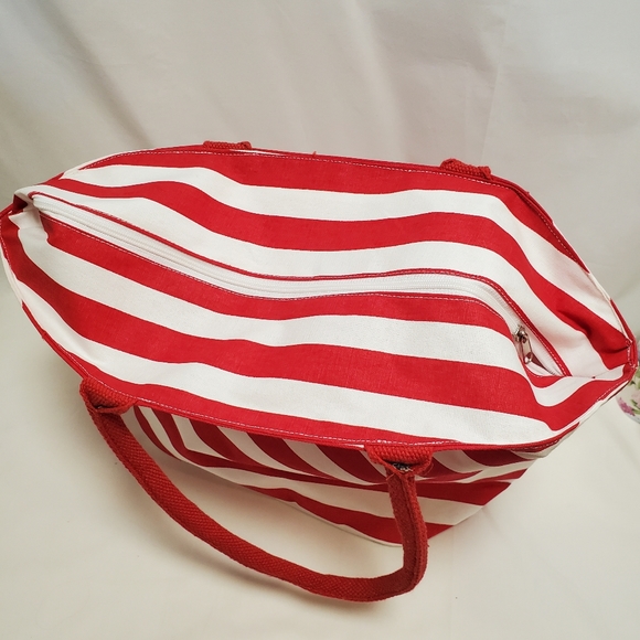 Adobe Canvas Tote Bag with Zipper Red and White Stripes - Picture 3 of 9